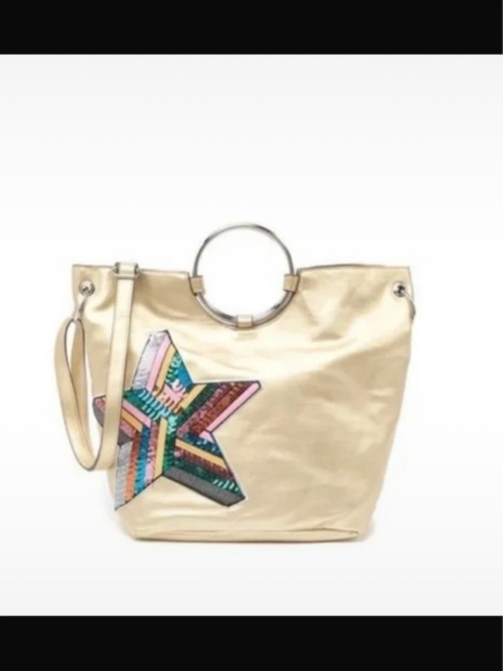 T-Shirt & Jeans Metallic Gold Tote with Multicolor Star Patch